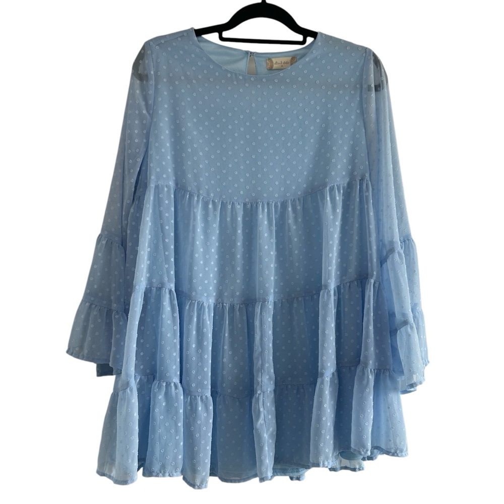 Altar’d State Baby Doll Dress Light Blue Swiss Dot Bell Sleeves Boho Size M NWT